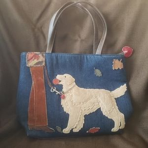 Genuine Sonoma Jean company golden retriever dog denim bag with fall leaves